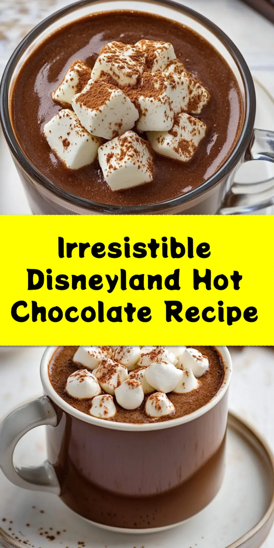 A perfectly prepared mug of Disneyland's Hot Chocolate, topped with a generous swirl of whipped cream and chocolate shavings, ready for sharing on Pinterest.