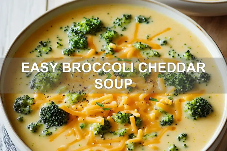 EASY BROCCOLI CHEDDAR SOUP centered hero view, clean and uncluttered