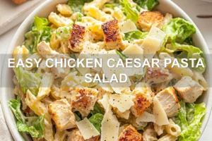 EASY CHICKEN CAESAR PASTA SALAD centered hero view, clean and uncluttered