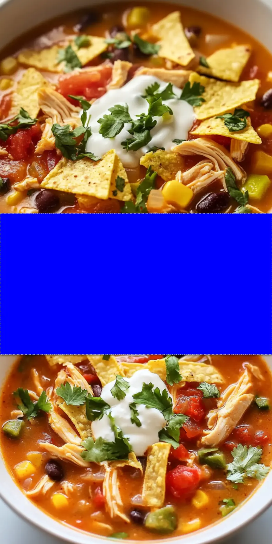 Overhead Pinterest pin image of easy chicken tortilla soup, showing toppings of tortilla strips, avocado, cheese, and cilantro