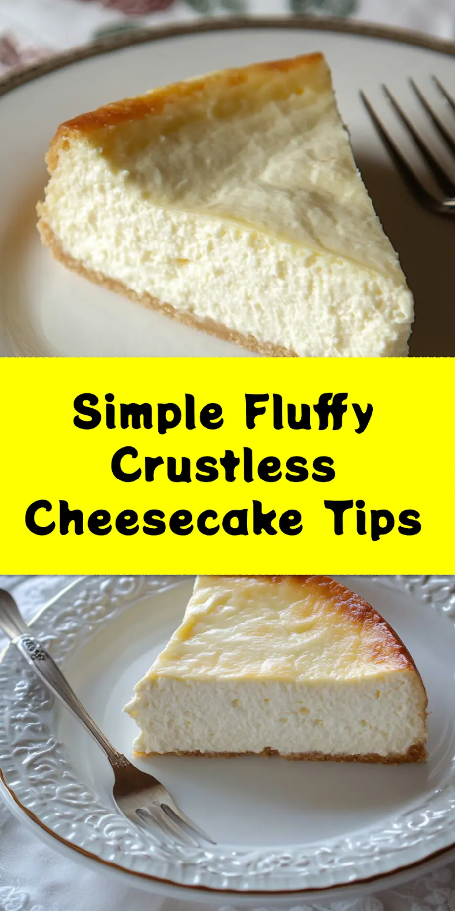 Fluffy Crustless Cheesecake: Irresistibly Simple Recipe Guide 3 A perfectly sliced piece of fluffy crustless cheesecake on a dessert plate, showcasing its light texture and creamy interior, garnished with fresh berries and a hint of mint. Ideal for a Pinterest share.