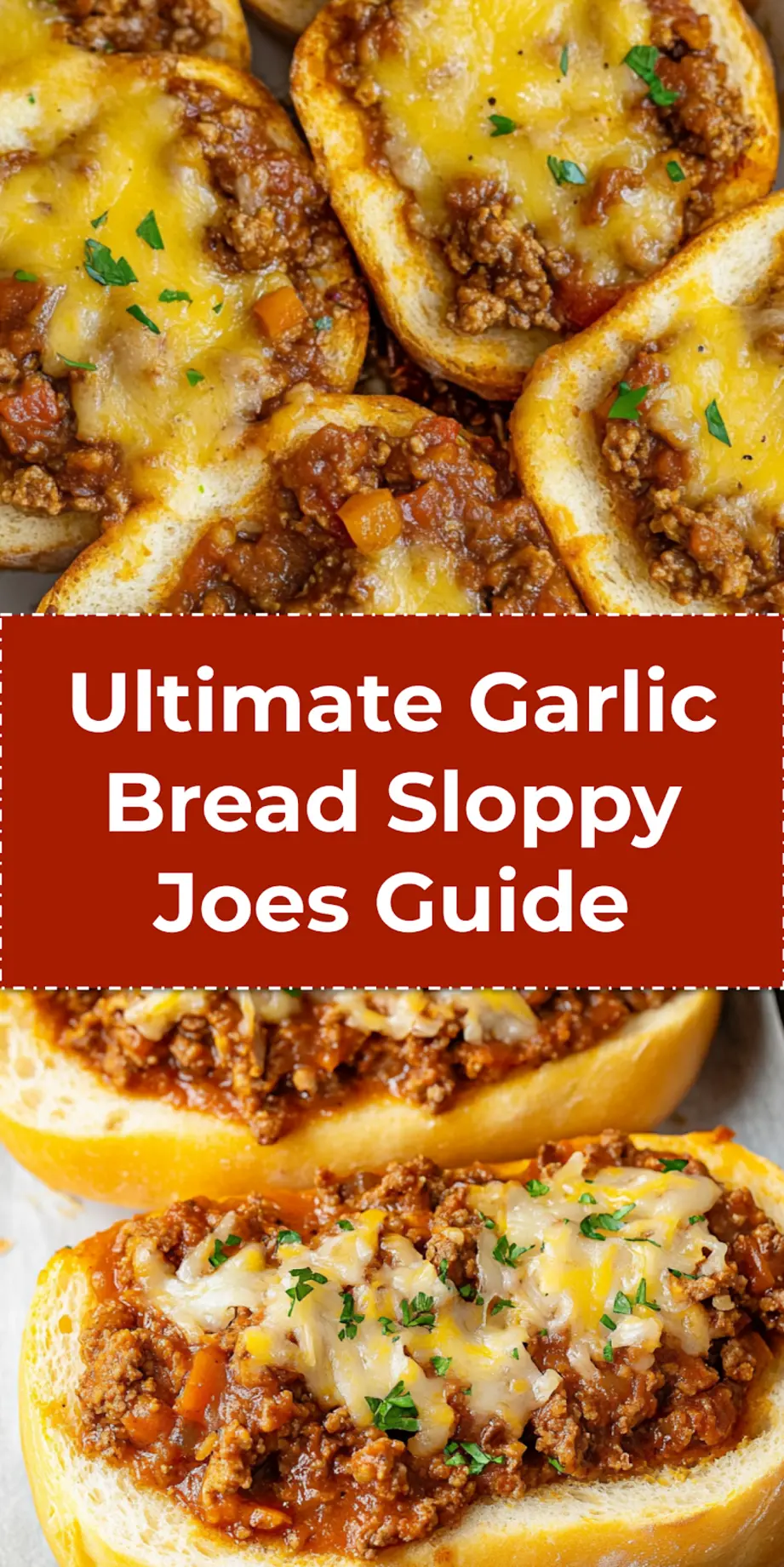 Garlic Bread Sloppy Joes: Irresistibly Easy Comfort Meal 4 A close-up of a Garlic Bread Sloppy Joe, featuring cheesy, saucy beef on a crispy garlic bread slice, perfect for Pinterest sharing.
