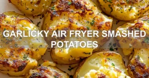 GARLICKY AIR FRYER SMASHED POTATOES centered hero view, clean and uncluttered