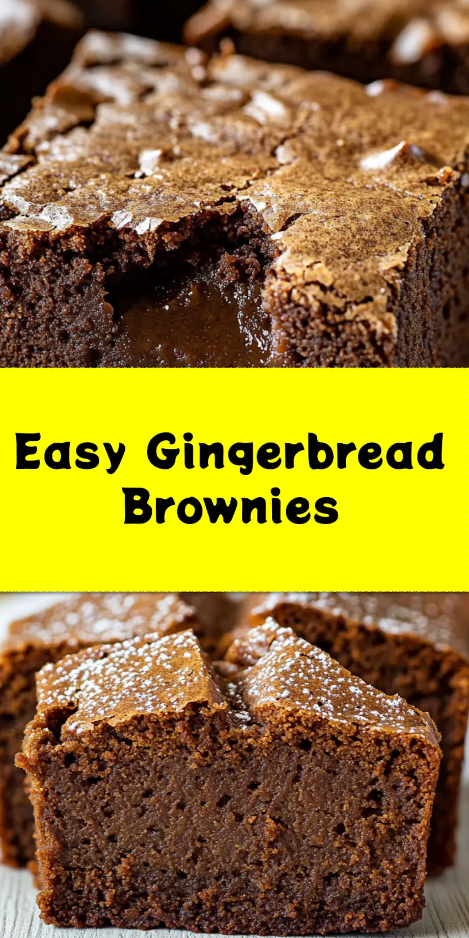 Close-up shot of chewy Gingerbread Brownies ready for pinning on Pinterest, highlighting their rich, spiced texture perfect for holiday dessert inspiration.