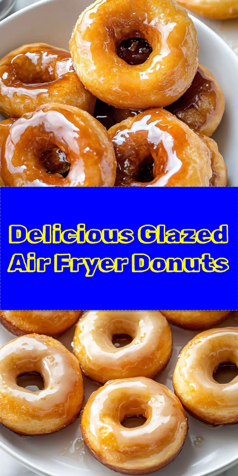 A close-up of two perfectly glazed air fryer donuts with a light vanilla glaze, stacked on a cooling rack, ready for a social media share.