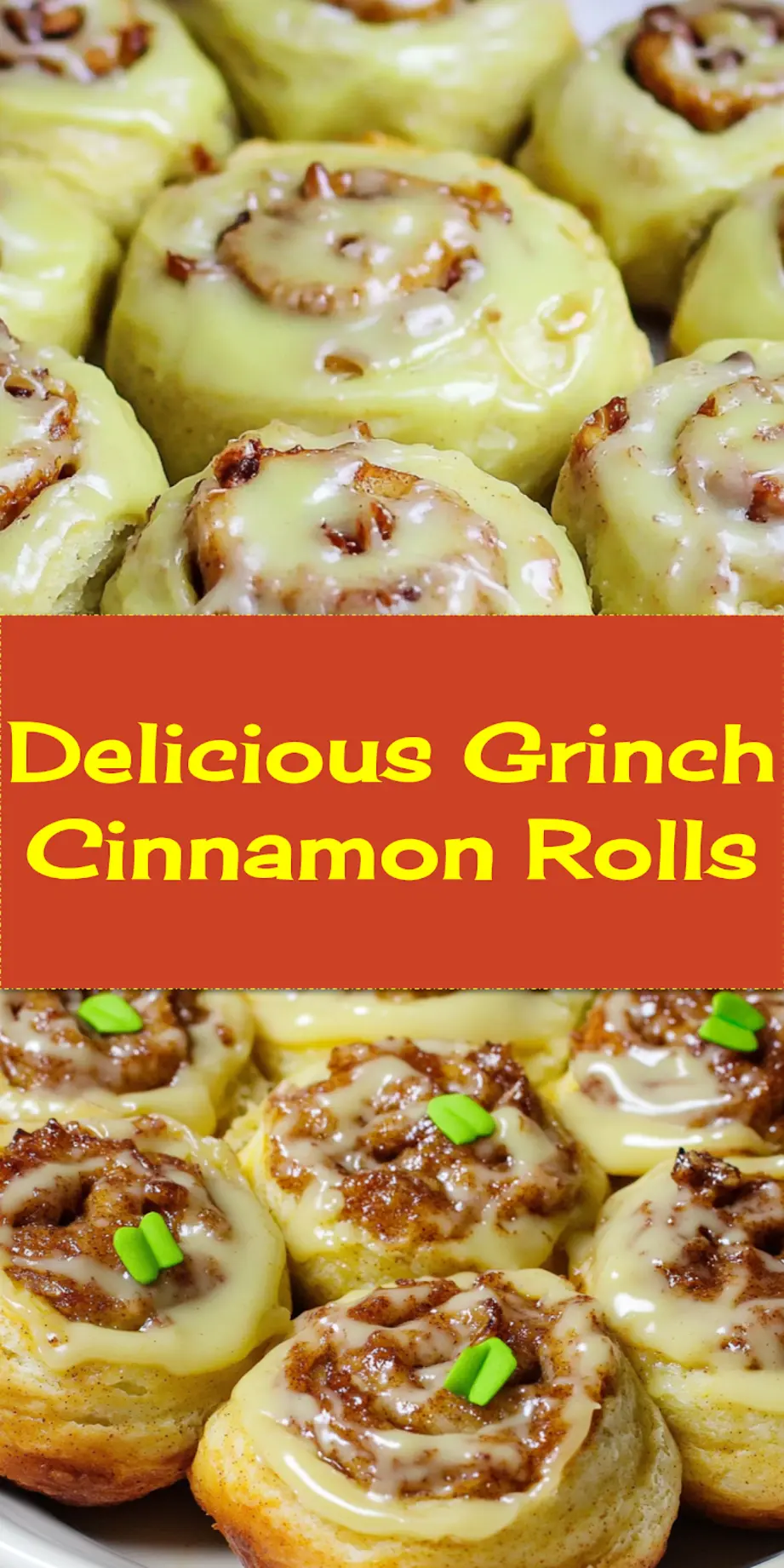 Delicious Grinch Cinnamon Rolls with vibrant green frosting and tiny red hearts, perfect for a festive holiday treat or Pinterest share.