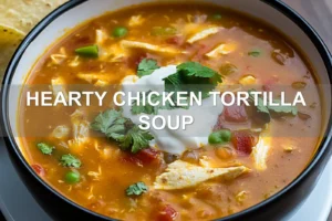 HEARTY CHICKEN TORTILLA SOUP centered hero view, clean and uncluttered