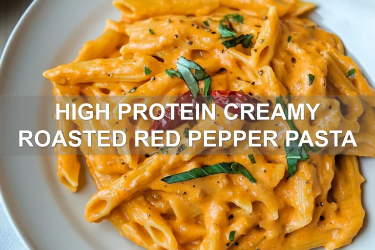 HIGH PROTEIN CREAMY ROASTED RED PEPPER PASTA centered hero view, clean and uncluttered