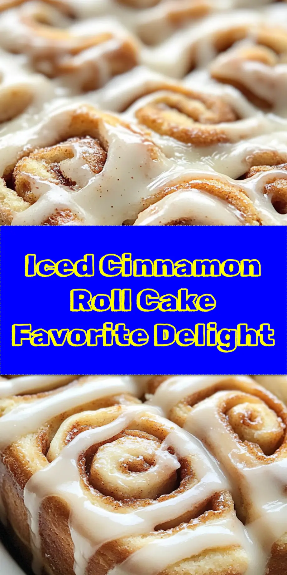 A close-up view of a slice of Iced Cinnamon Roll Cake on a plate, showing the gooey cinnamon swirl and sweet glaze, perfect for sharing.