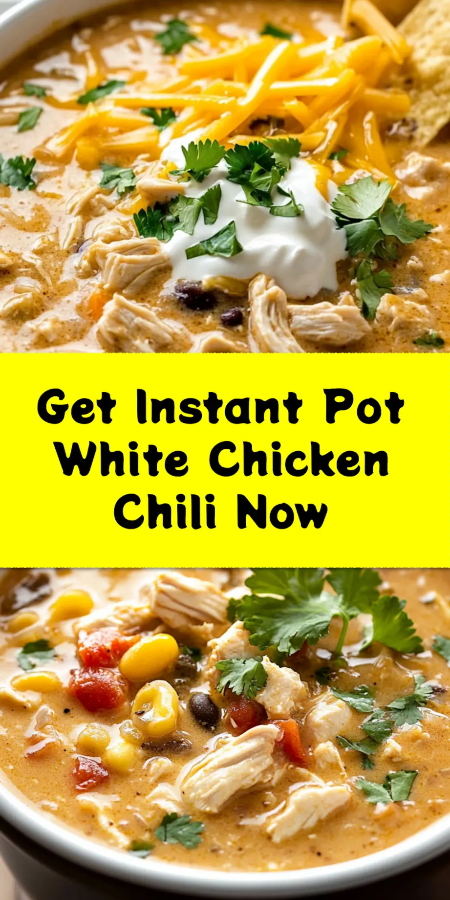 Instant Pot White Chicken Chili: Easy and Irresistible 3 Close-up of a serving of creamy Instant Pot White Chicken Chili in a bowl, garnished with fresh cilantro and a swirl of sour cream, perfect for a Pinterest pin.