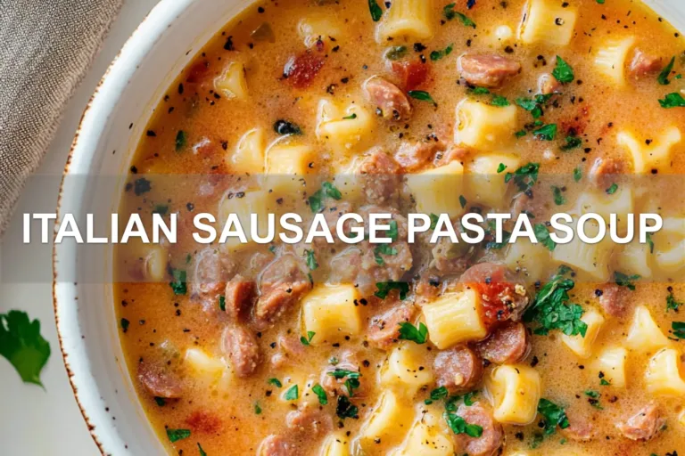 ITALIAN SAUSAGE PASTA SOUP centered hero view, clean and uncluttered