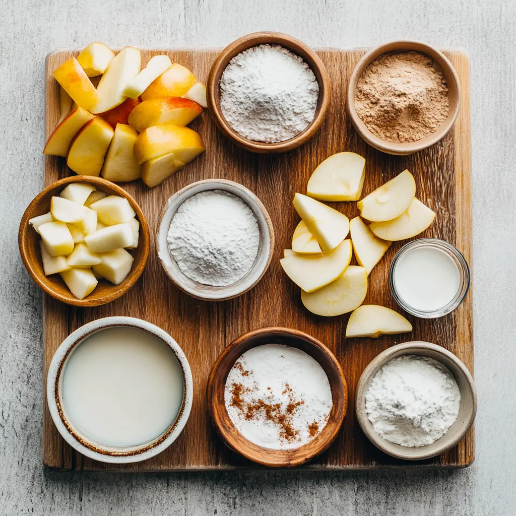 Discover the Secrets to Perfect Air Fryer Apple Fritters 3 Fresh Fuji apples, all-purpose flour, eggs, milk, cinnamon, and nutmeg beautifully arranged on a rustic wooden table, ready for making air fryer apple fritters.