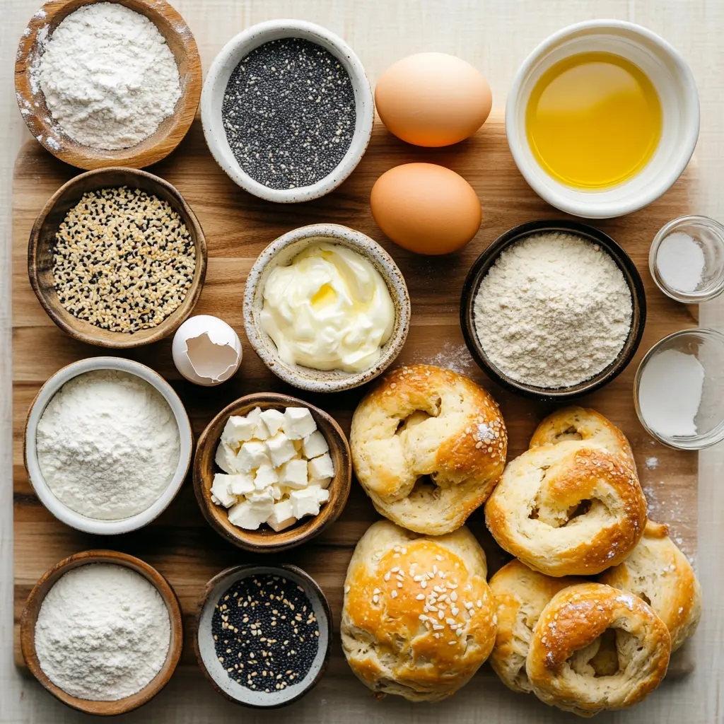 Arrangement of key ingredients for Air Fryer Bagels: all-purpose flour, plain Greek yogurt, baking powder, salt, an egg for wash, and toppings like everything bagel seasoning.