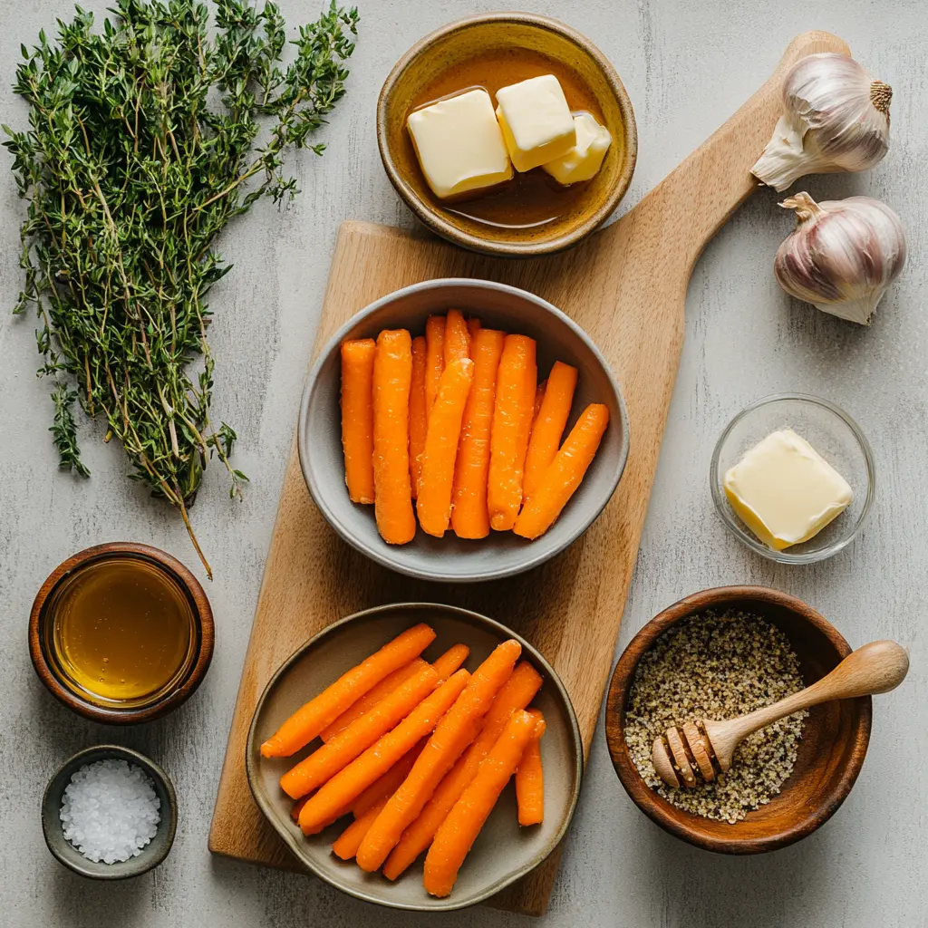 Make Air Fryer Carrots A Simple Tasty Treat 3 Vibrant carrots, olive oil, honey, garlic, and butter laid out for making air fryer carrots