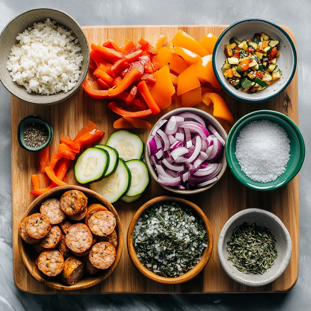 5 Reasons to Love Air Fryer Chicken Sausage Veggies 3 Vibrant air-fried chicken sausage and colorful bell peppers, red onion, and zucchini cooked to perfection in a single basket, ready to serve.