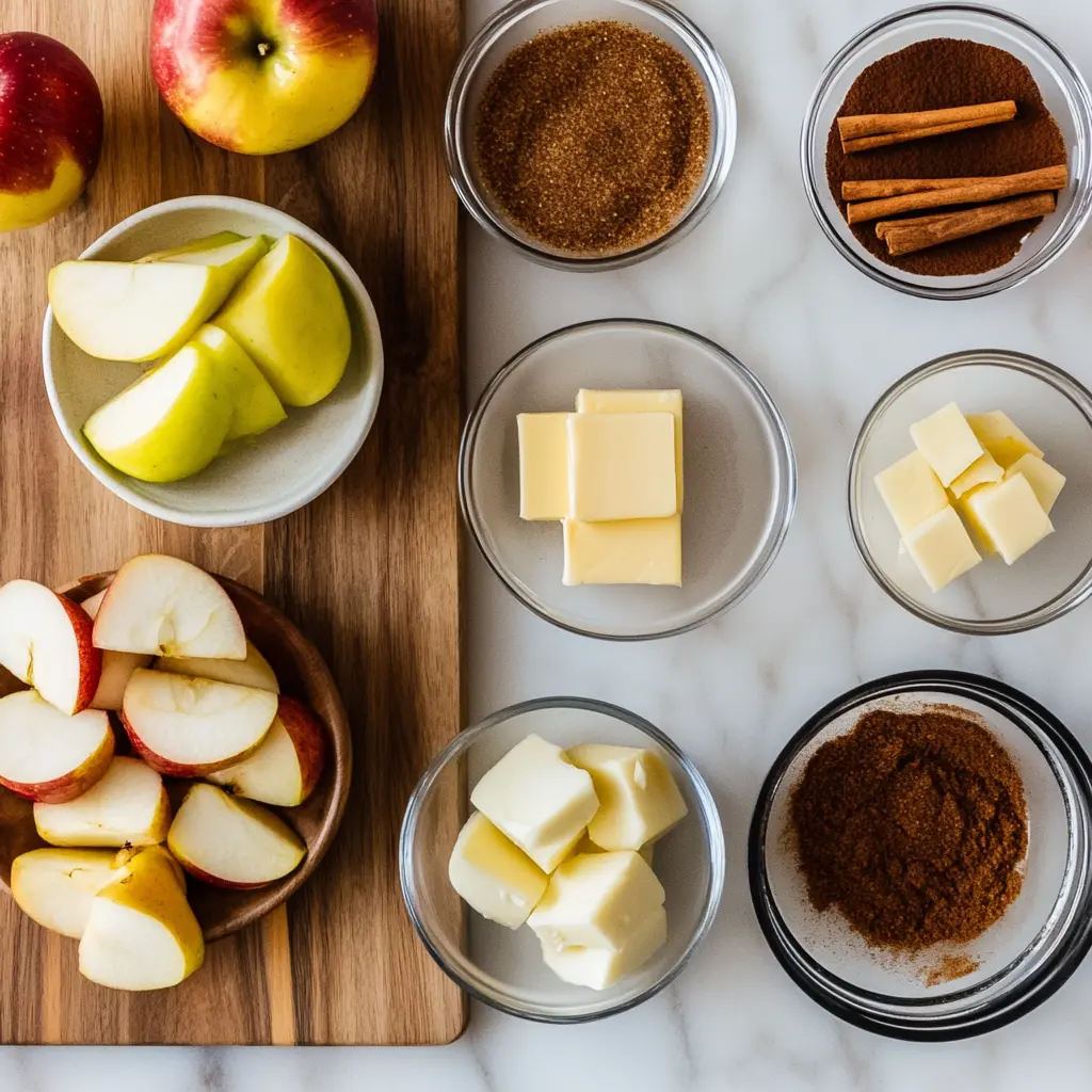 Air Fryer Cinnamon Apples Perfect Cozy Snack 3 Arrangement of ingredients for Air Fryer Cinnamon Apples: sliced apples, melted butter, brown sugar, ground cinnamon, and vanilla extract on a rustic wooden background.