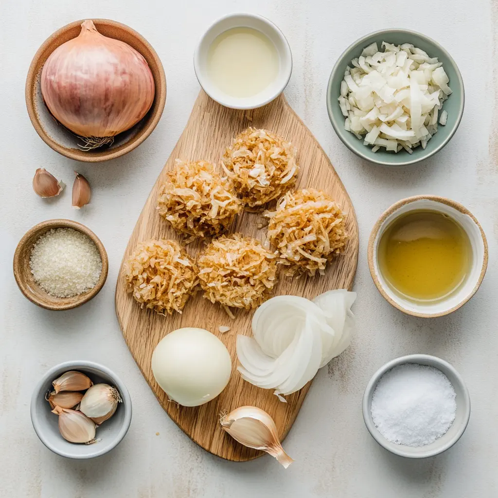 Proven Way to Make Air Fryer Crispy Onions 3 Fresh yellow onions, thinly sliced, with a drizzle of cooking oil – ingredients for perfect air fryer crispy onions.