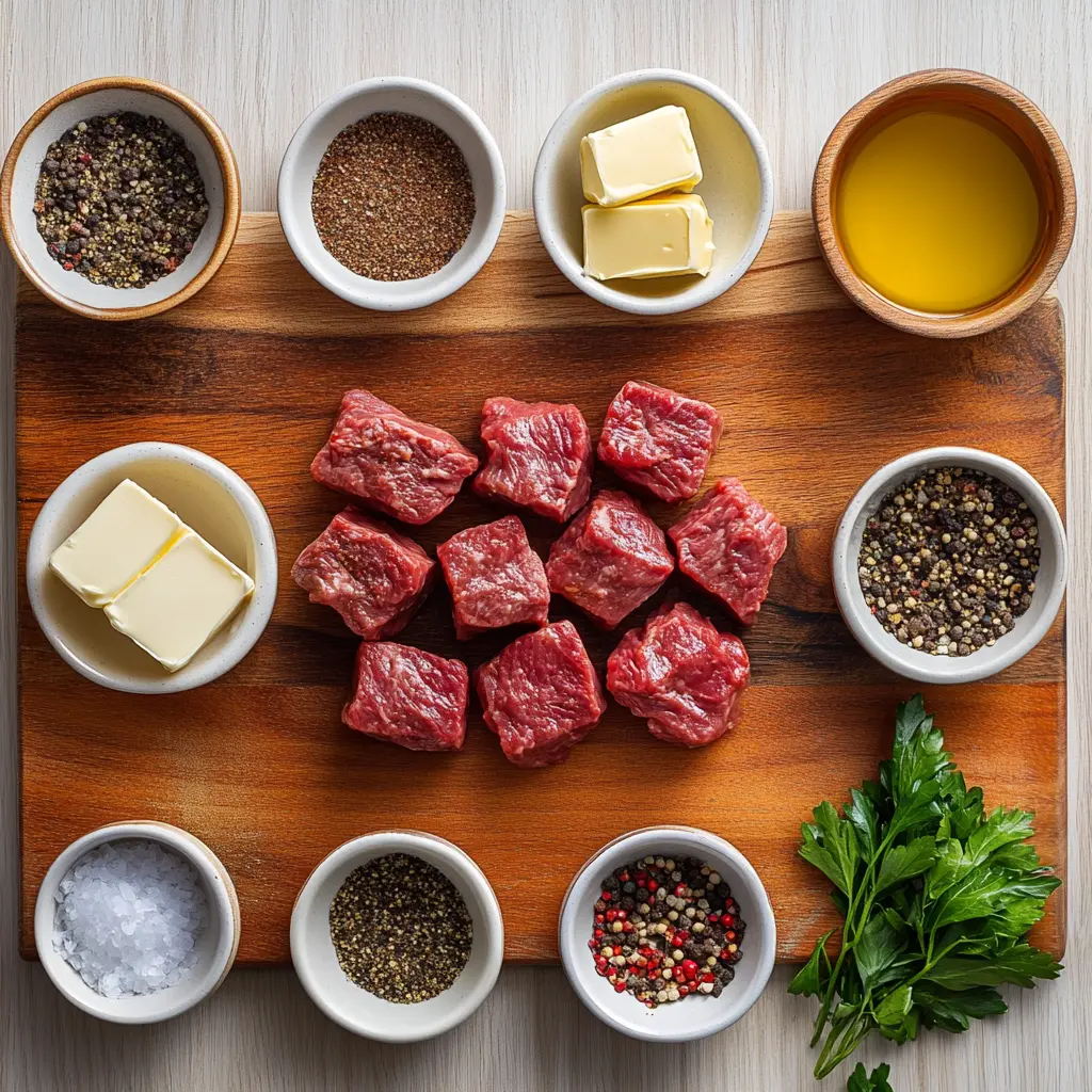 Arrangement of raw sirloin steak cubes, fresh garlic cloves, parsley, and a bowl of melted butter with seasonings, all ready for making Air Fryer Garlic Butter Steak Bites.