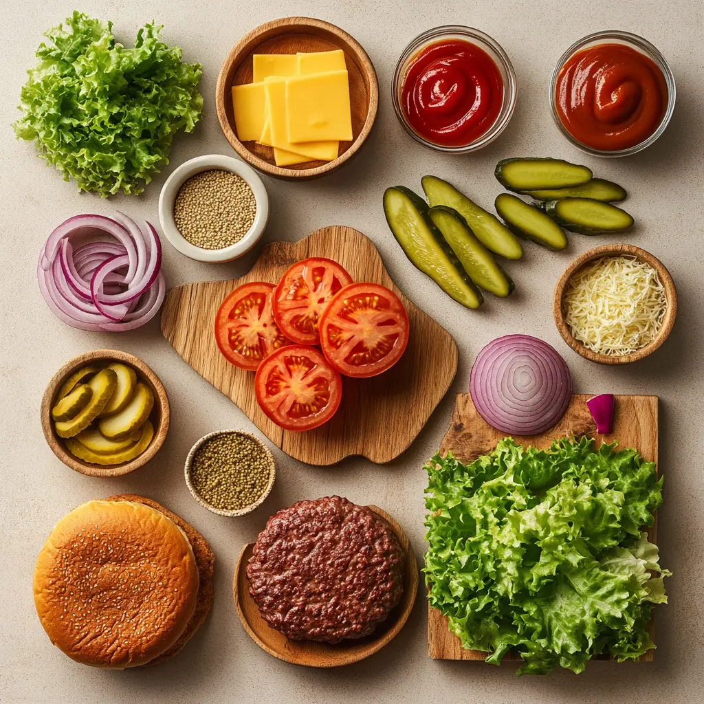Fresh ingredients laid out for Air Fryer Hamburgers, including ground beef, spices, lettuce, tomatoes, and buns.