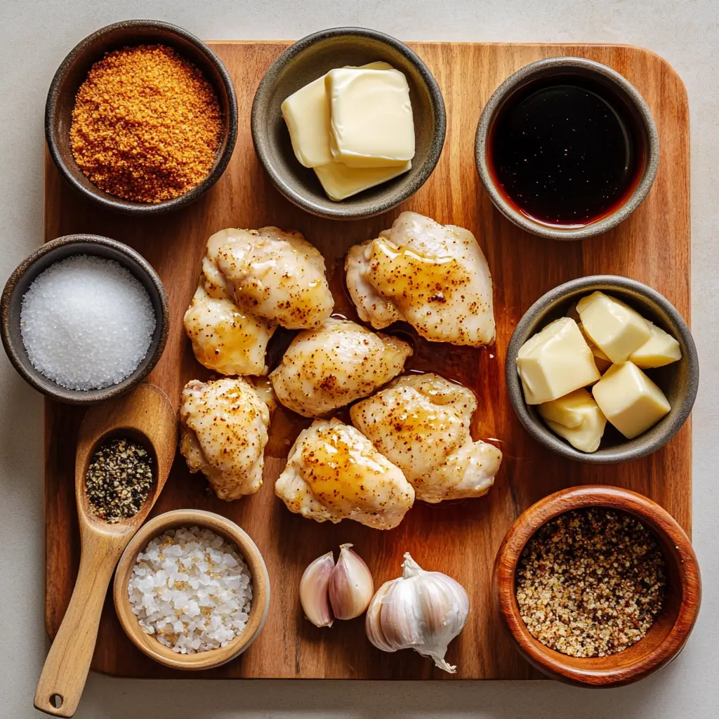 A flat lay of fresh ingredients for Air Fryer Honey Butter Garlic Chicken: raw chicken tenders, golden honey, creamy butter, fragrant garlic cloves, crispy breadcrumbs, and a sprinkle of paprika, salt, and pepper, all ready for cooking.