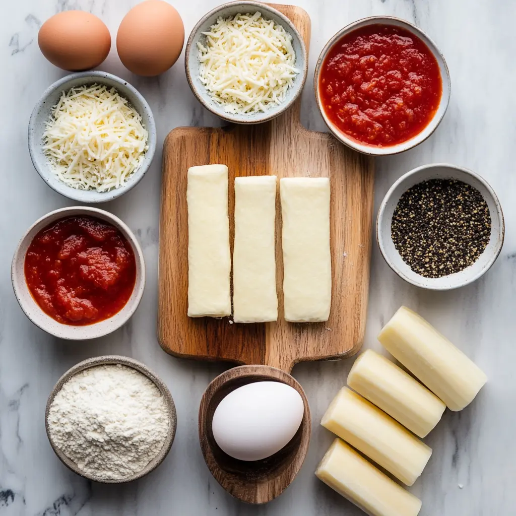 Ingredients for Air Fryer Mozzarella Sticks, including string cheese, flour, eggs, panko breadcrumbs, and a cooking spray, laid out on a clean surface ready for preparation.