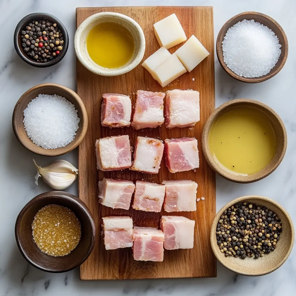 Simple Air Fryer Pork Belly Bites That's Irresistible 3 Perfectly crispy, golden-brown Air Fryer Pork Belly Bites, glistening with caramelized seasoning, piled invitingly on a rustic serving board with a sprinkle of fresh herbs. A delicious and easy appetizer.