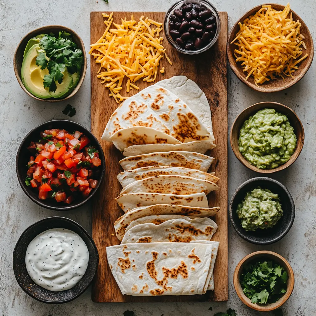 Ingredients laid out for a cheesy air fryer chicken quesadilla, including tortillas, shredded chicken, salsa, and Monterey Jack cheese