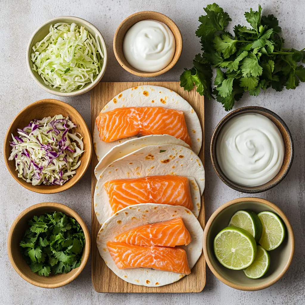 Air Fryer Salmon Tacos with Slaw: Easy and Delicious 2 A vibrant overhead shot of fresh ingredients for Air Fryer Salmon Tacos with Slaw, including raw salmon fillets, colorful shredded cabbage, fresh cilantro, limes, a bowl of Greek yogurt, corn tortillas, and various spices like chili powder and paprika, laid out on a clean surface.