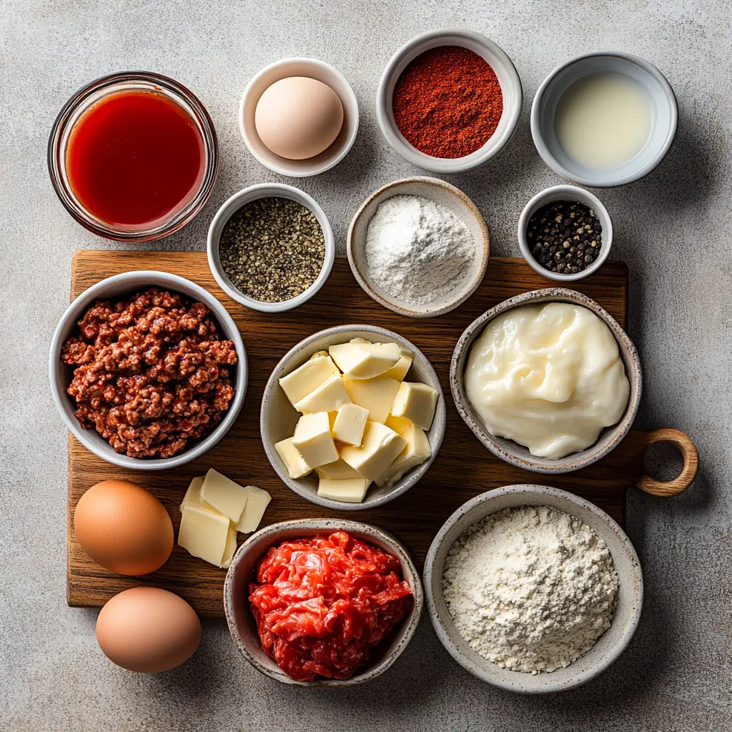 Ingredients laid out for Amish Hamburger Steak Bake including ground beef, onions, mushroom soup, and seasonings