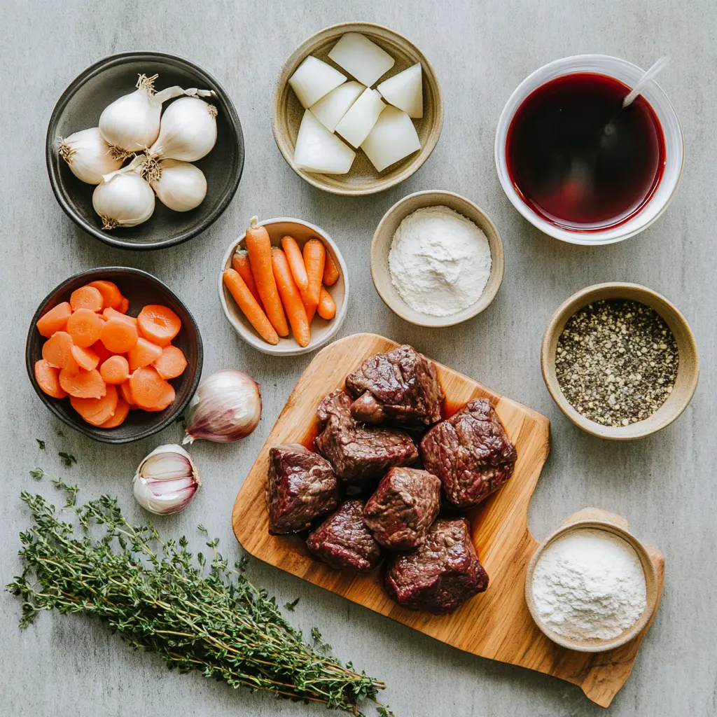 Anthony Bourdains Beef Bourguignon Recipe for Delicious Comfort 2 Fresh ingredients for Anthony Bourdain's Beef Bourguignon, including chunks of beef chuck, crisp bacon, pearl onions, carrots, mushrooms, garlic, and a bottle of red wine, arranged on a rustic wooden board.