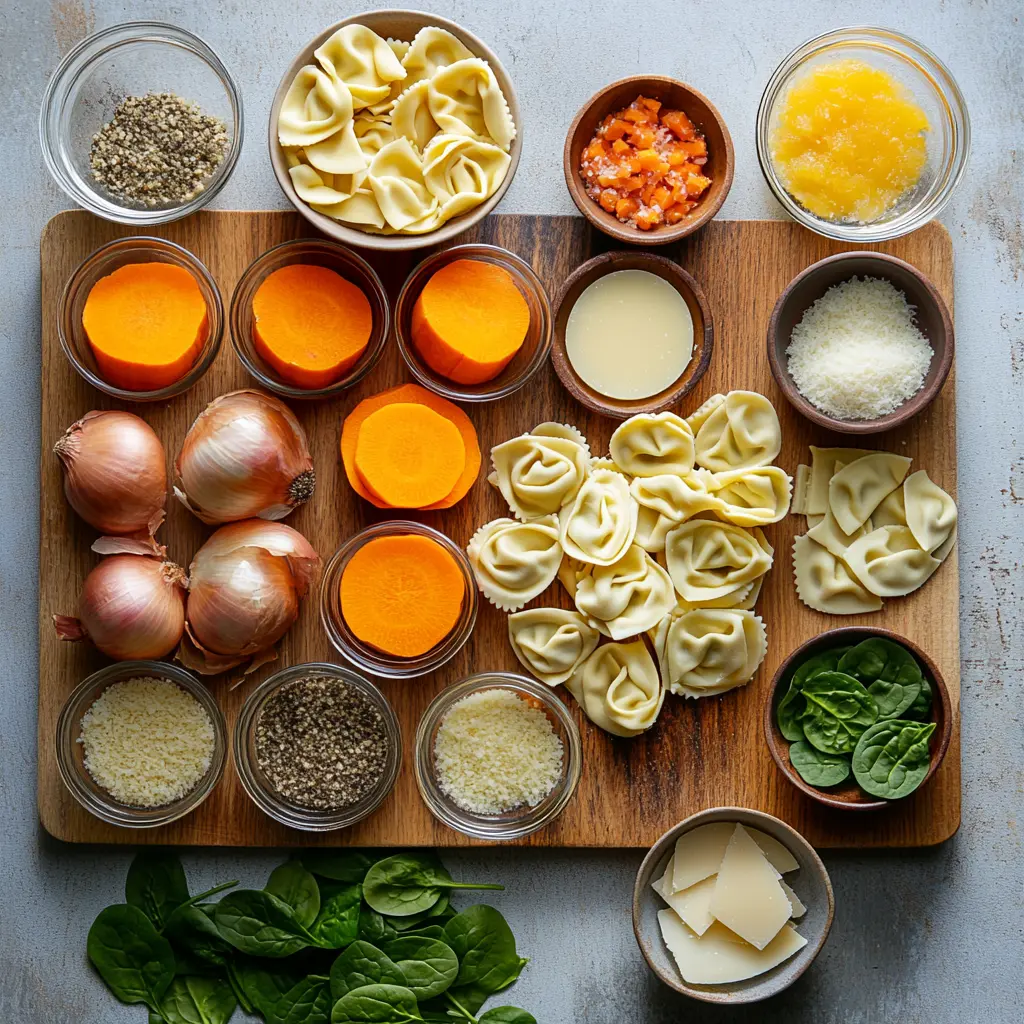 Arrangement of fresh ingredients for Autumn Tortellini Soup with Sausage, including Italian sausage, butternut squash, fresh spinach, cheese tortellini, and thyme.
