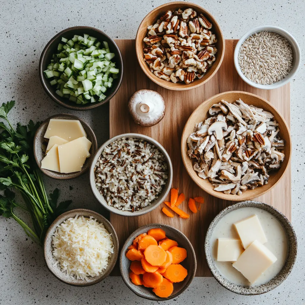 Autumn Wild Rice Soup: A Delicious Comfort Feast 2 Overhead shot of fresh ingredients for Autumn Wild Rice Soup, including uncooked wild rice, chopped carrots, celery, cremini mushrooms, and sprigs of fresh herbs on a wooden cutting board.