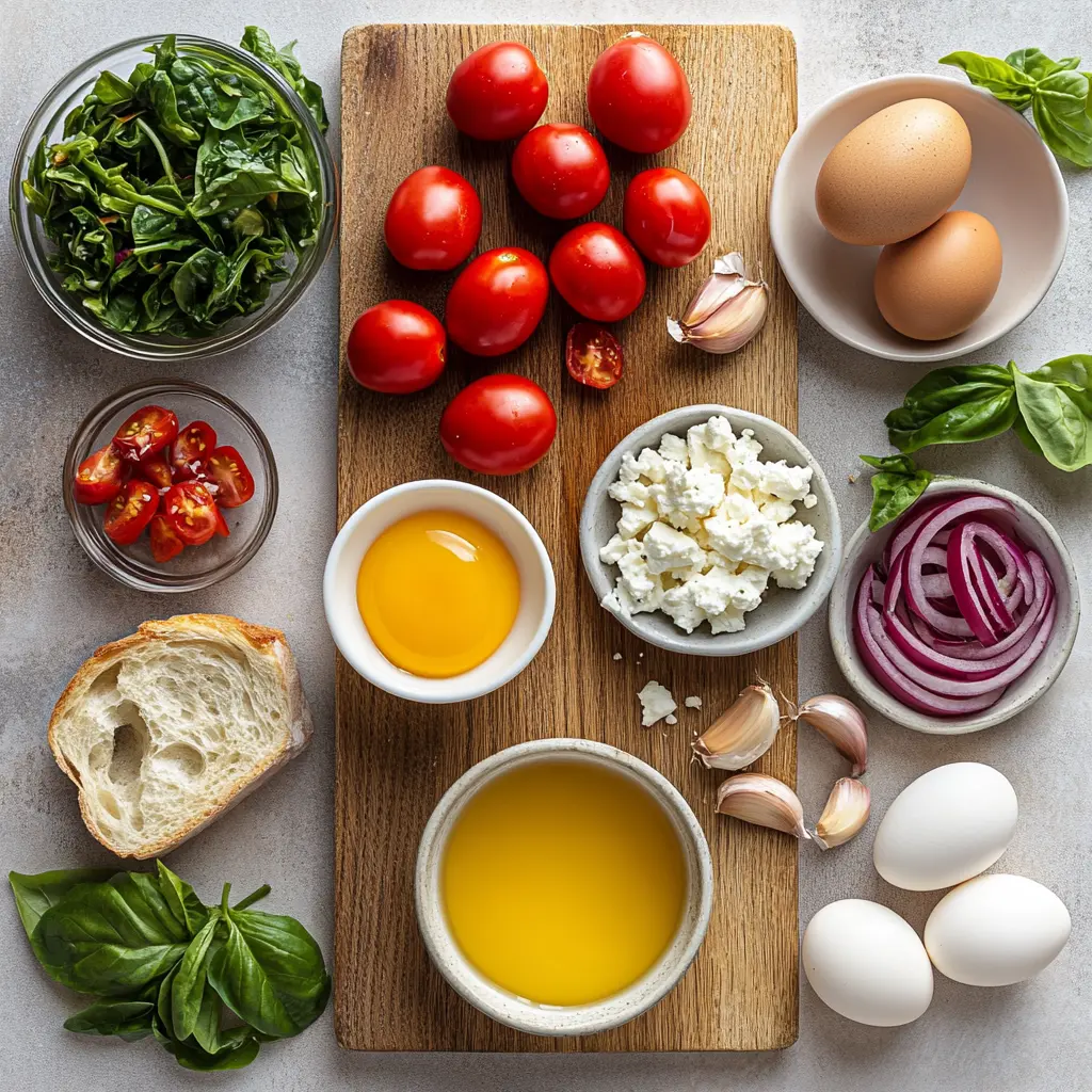 Fresh ingredients for Baked Feta Eggs Recipe, including vibrant cherry tomatoes, diced bell pepper, red onion, garlic, block feta, and fresh eggs.