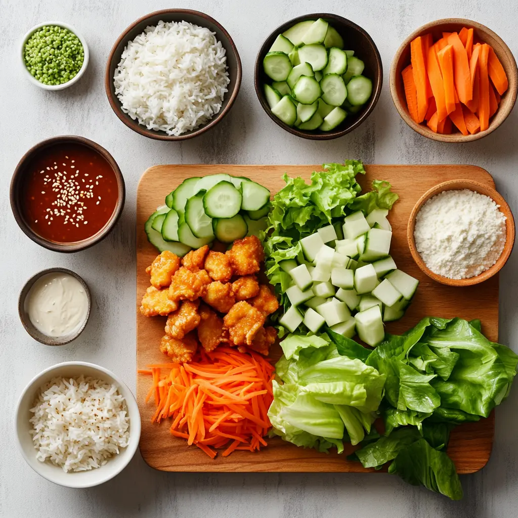 Ingredient layout for Bang Bang Chicken Bowl Recipe featuring chicken, sriracha, mayo, rice, veggies