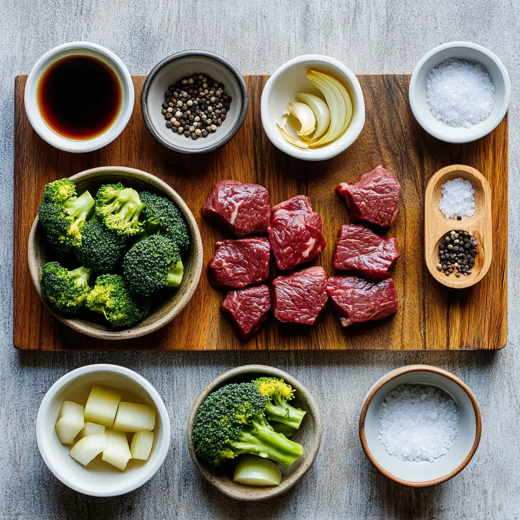 Thinly sliced beef and fresh broccoli florets ready for cooking, set on a wooden board for Best Beef and Broccoli preparation