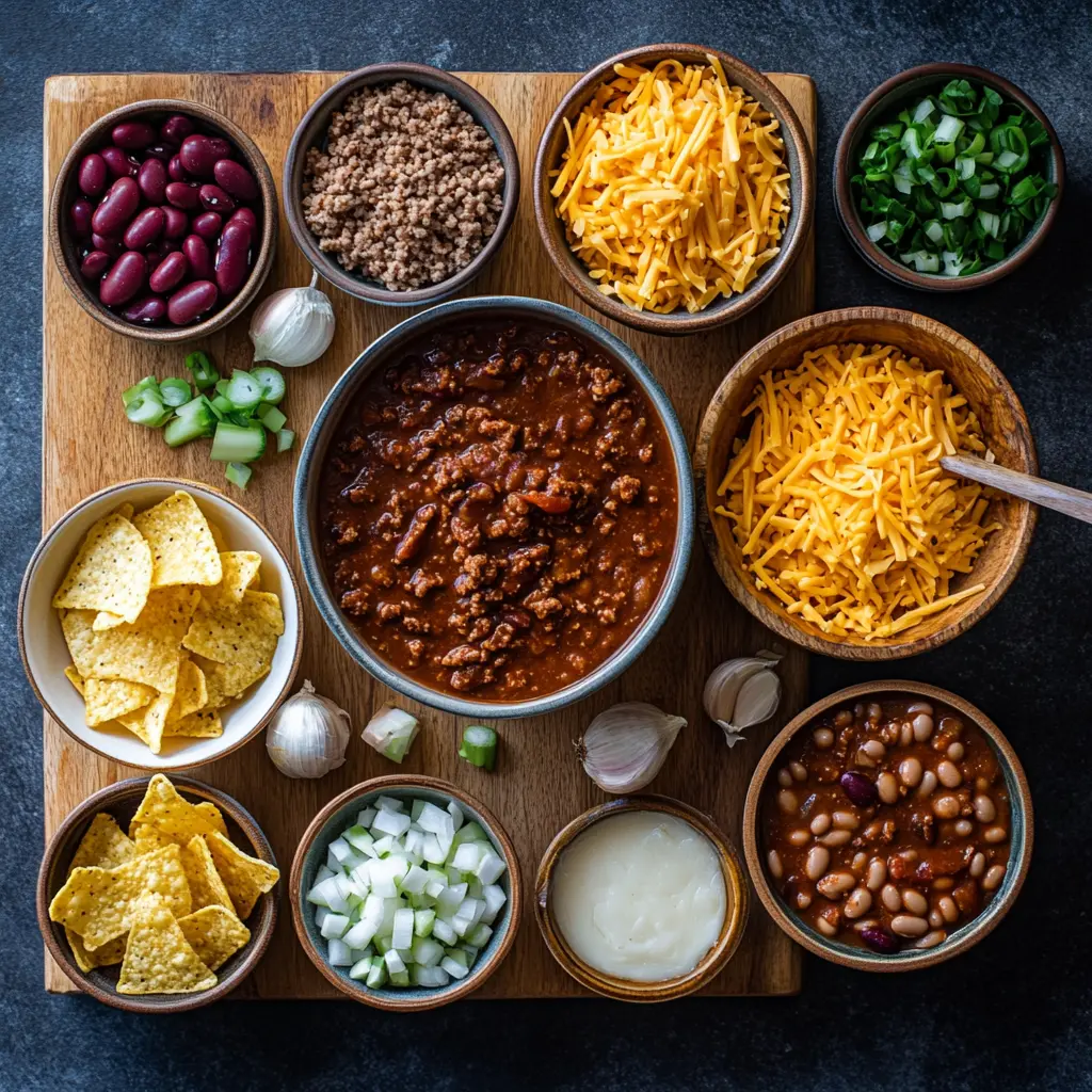Hearty Best Beef Chili, rich red color, topped with sour cream, shredded cheese, and fresh cilantro, served in a rustic bowl with cornbread on the side.