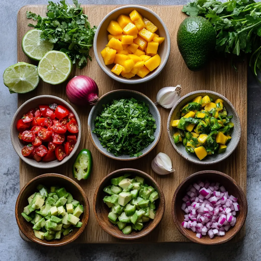 Fresh ingredients for the Best Ever Guacamole Recipe, including ripe avocados, red onion, tomatoes, cilantro, lime, and jalapeños, neatly arranged on a cutting board.