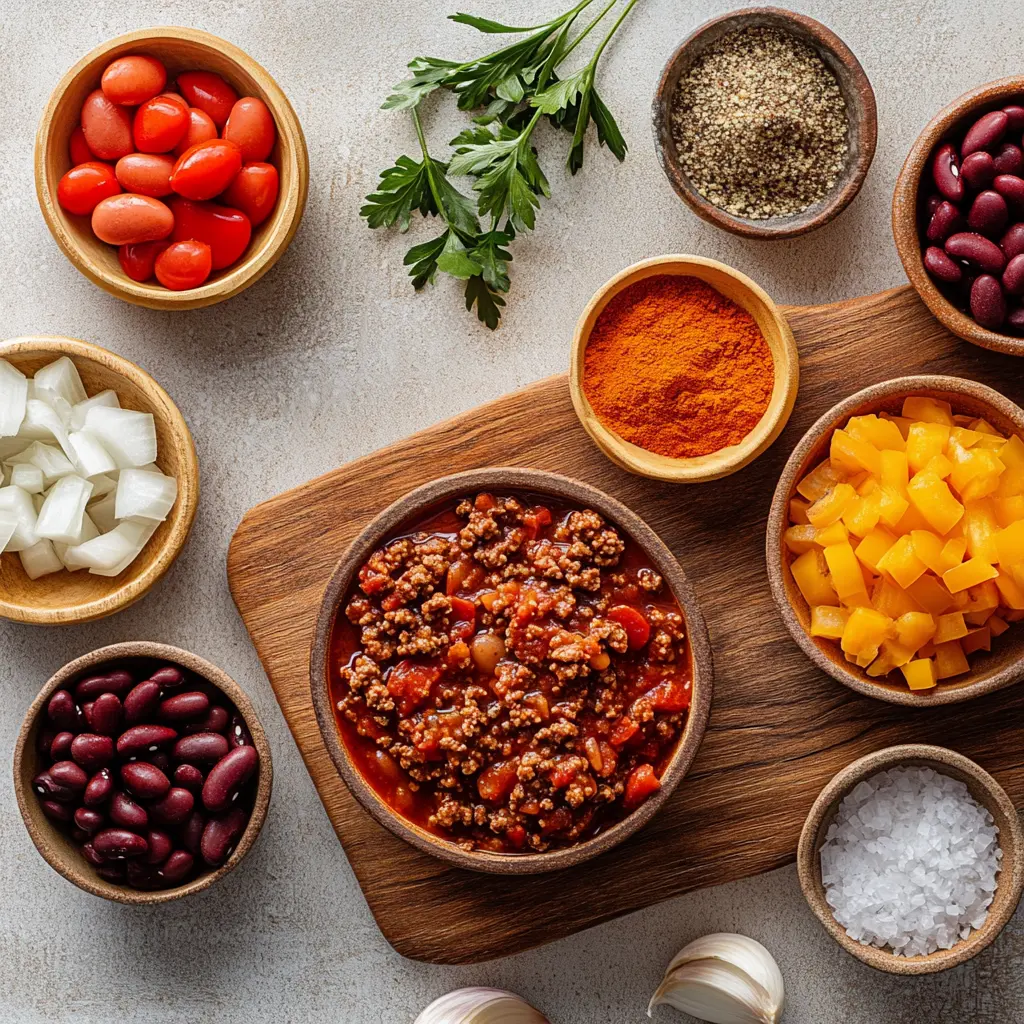 Hearty bowl of BEST GROUND BEEF STOVETOP CHILI with a dollop of sour cream, fresh cilantro, and shredded cheese on a wooden table
