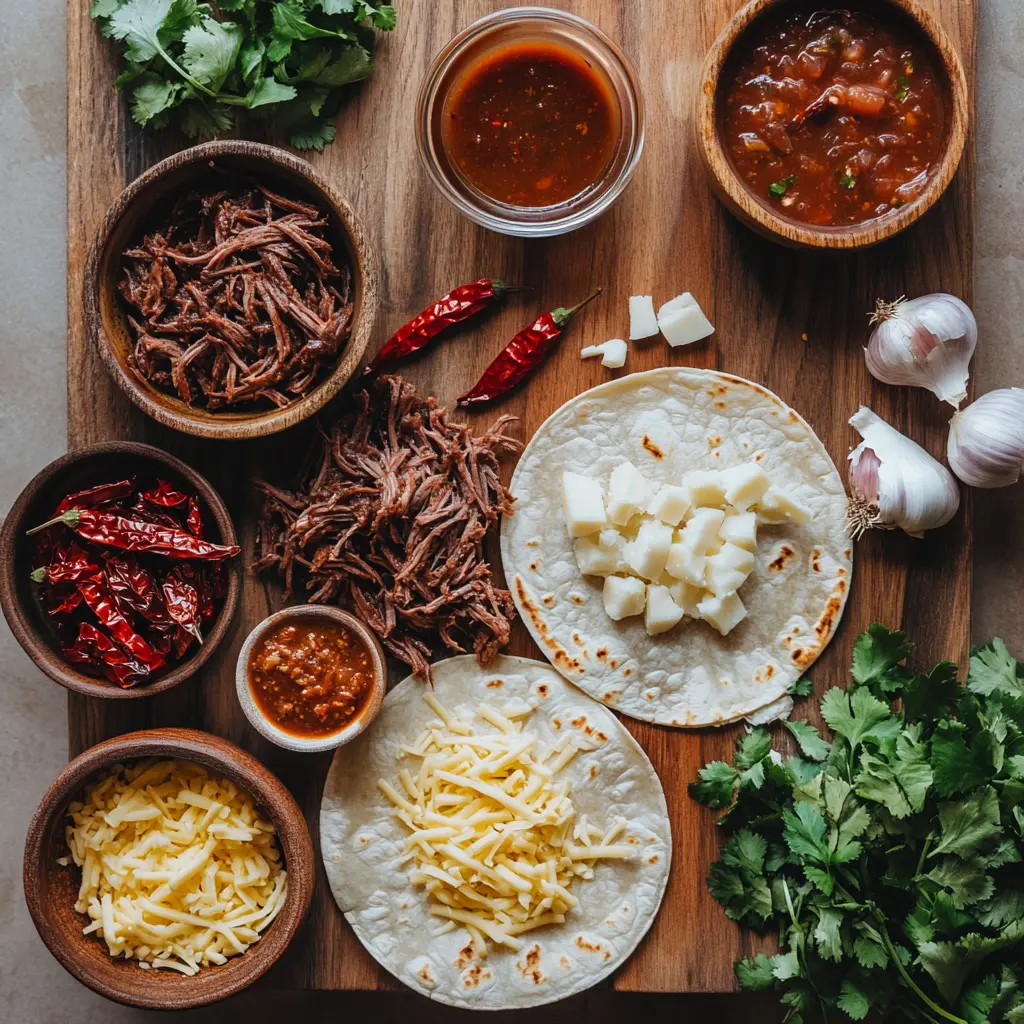 Key ingredients for authentic Birria Tacos: dried guajillo and ancho chiles, chuck roast, Oaxacan cheese, and corn tortillas, ready for preparation.