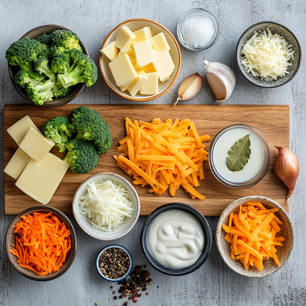 A vibrant overhead shot of all the fresh ingredients laid out for homemade Broccoli Cheddar Soup, including bright green broccoli florets, a block of sharp cheddar cheese, carrots, onions, and various spices, ready for cooking.