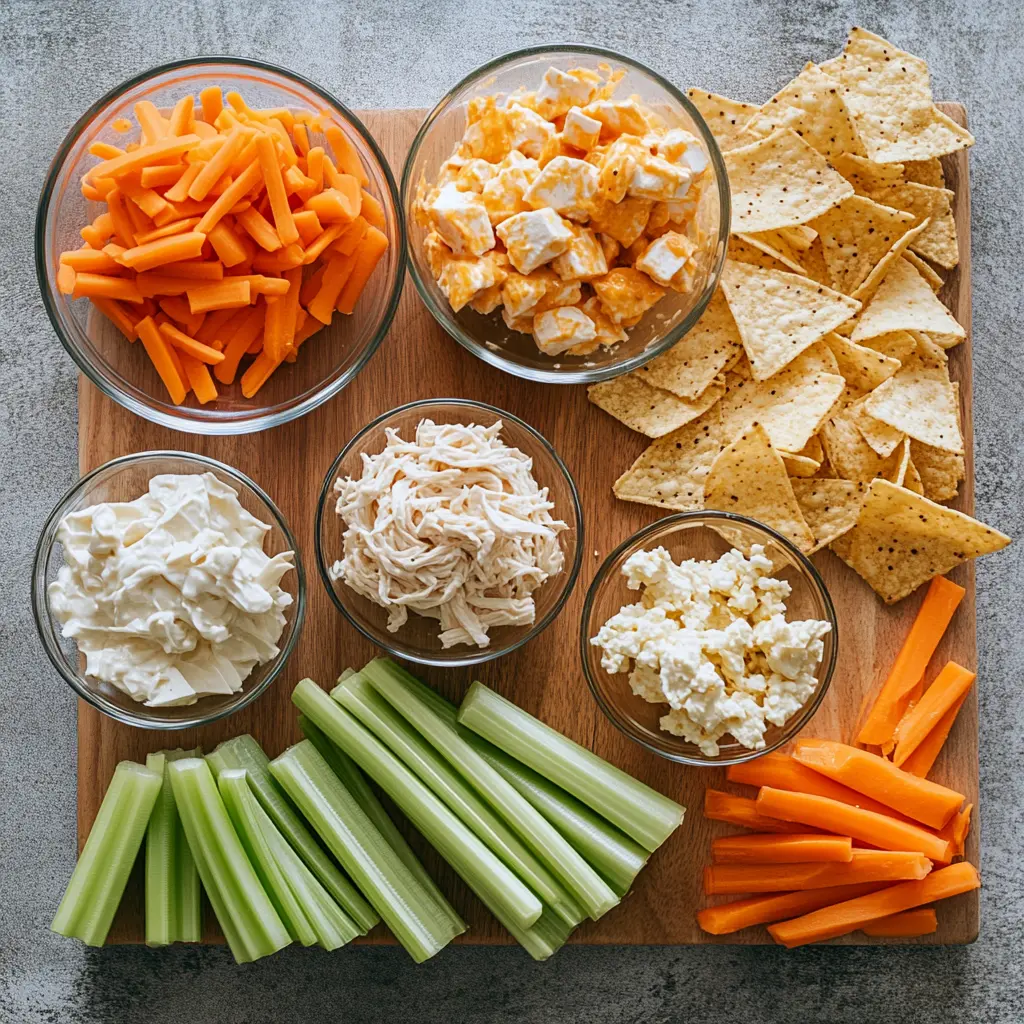 Ingredients for Buffalo Chicken Dip Classic arranged on a kitchen counter: shredded chicken, cream cheese, ranch dressing, cheddar cheese, and Frank's RedHot buffalo sauce