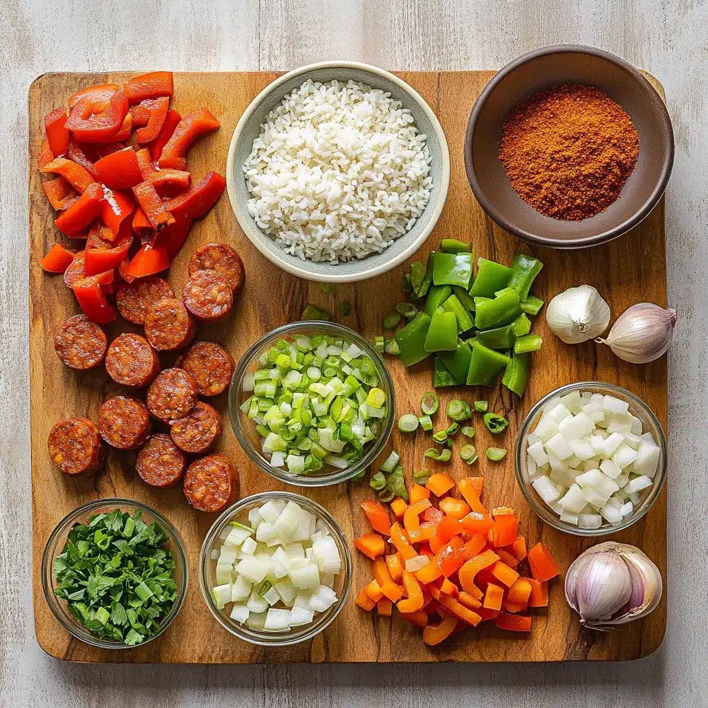 A vibrant, hearty Cajun Sausage and Rice Skillet, garnished with fresh herbs and ready to be served, perfect for a cozy family dinner.