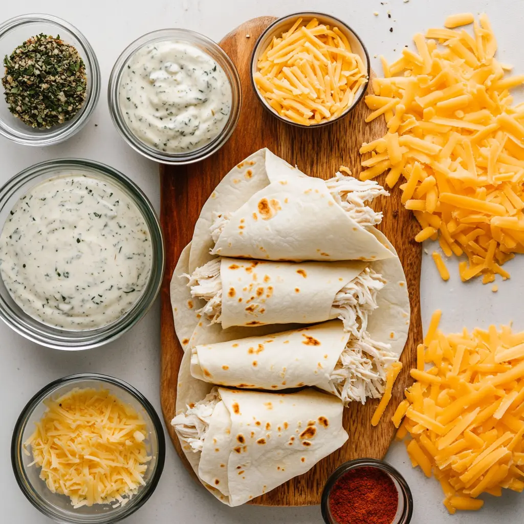 Platter of Cheesy Garlic Chicken Wraps ingredients, including shredded chicken, garlic aioli, cheddar cheese, and flour tortillas, ready for assembly.
