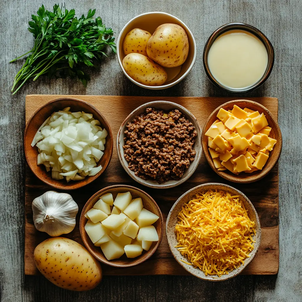 Arrangement of fresh ingredients for Cheesy Ground Beef and Potatoes: raw ground beef, diced potatoes, chopped onion, and shredded cheddar cheese, ready for cooking.