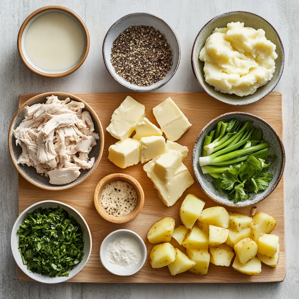 Fresh ingredients for homemade chicken and gravy, including boneless chicken breasts, chicken broth, butter, flour, and a mix of herbs like thyme and garlic powder, arranged neatly on a wooden cutting board.