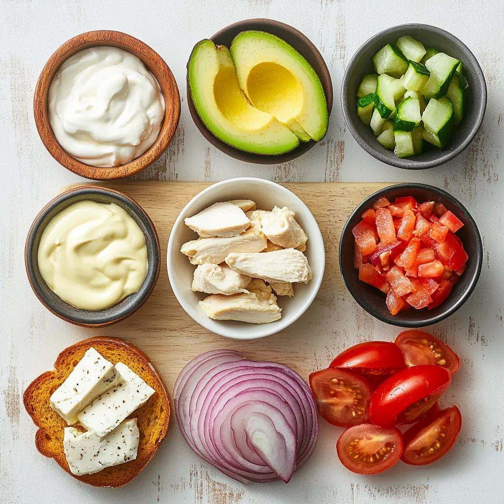 A flat lay of fresh ingredients for a Chicken Avocado Melt Sandwich, featuring cooked and sliced chicken breast, ripe avocado slices, cheddar cheese, sliced tomato, red onion rings, sturdy sourdough bread, and small bowls of mayonnaise and Dijon mustard.