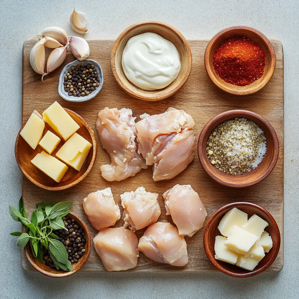 Chicken Breast Recipe: Quick and Irresistible Meal 2 Gathered ingredients for an easy baked chicken breast recipe, including boneless skinless chicken breasts, mayonnaise, parmesan cheese, garlic powder, onion powder, and paprika, on a clean kitchen counter.