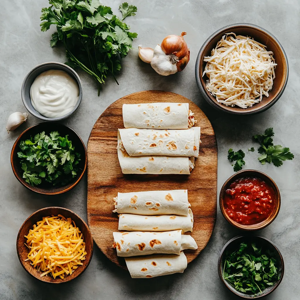 Close-up of fresh ingredients for chicken enchiladas laid out: tender shredded chicken, a can of vibrant red enchilada sauce, shredded Monterey Jack cheese, soft flour tortillas, fresh garlic cloves, a yellow onion, ground cumin, and chili powder. All ingredients are neatly arranged on a rustic wooden board, ready for a cozy meal.