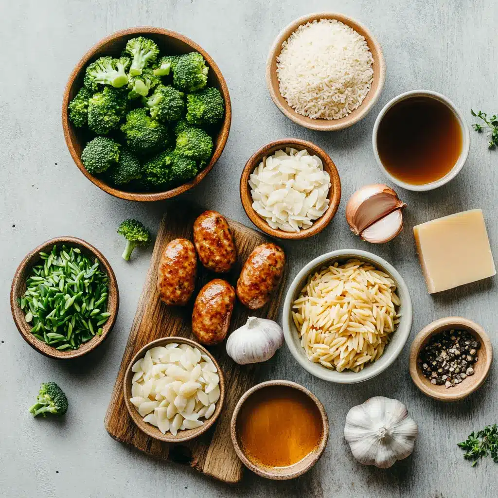 A vibrant arrangement of fresh ingredients for Chicken Sausage and Broccoli Orzo: sliced chicken sausage, bright green broccoli florets, uncooked orzo pasta, garlic cloves, and a red onion.