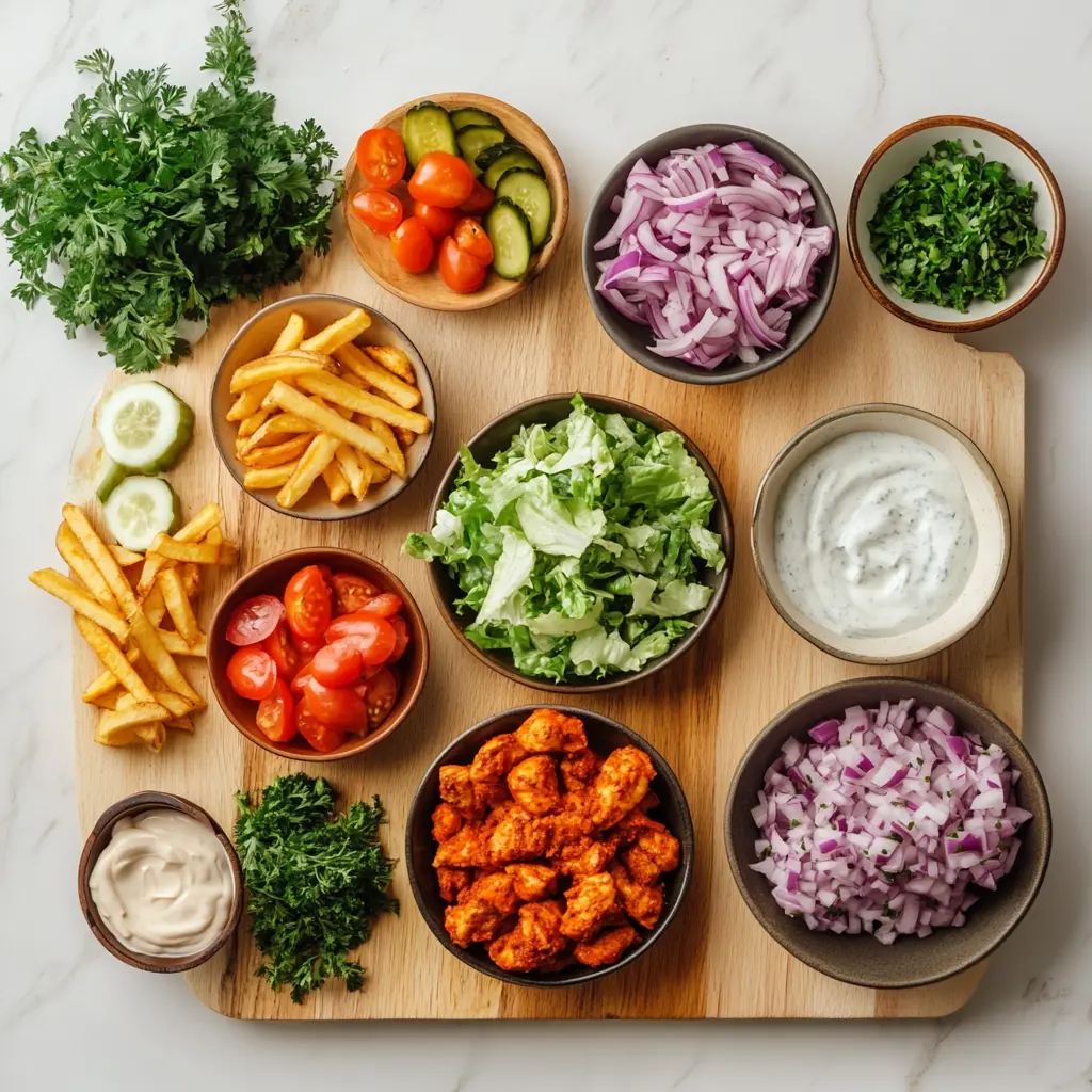 A vibrant flat lay of fresh ingredients for Chicken Shawarma Wraps, including thinly sliced raw chicken, warm pita bread, creamy yogurt sauce, a bowl of aromatic spices like paprika and turmeric, fresh red onions, tomatoes, lettuce, and pickles, all arranged on a rustic wooden board.